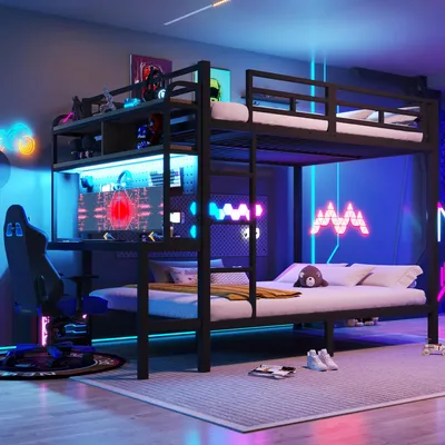 Zdjęcie produktu dla Łóżko piętrowe o wymiarach 140x200 cm z biurkiem, listwą LED, portem USB, schowkiem, barierką ochronną i drabiną, czarna metalowa konstrukcja