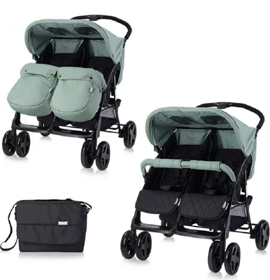 Produktbild von Lorelli Zwillingskinderwagen TWIN Wickeltasche Einhand-Klappsystem Fußabdeckung hellgrün