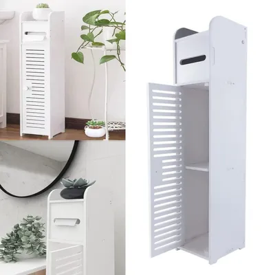 Image de Armoire de salle de bain, étroite, en bois, avec porte-papier toilette, étagère de salle de bain avec tiroir