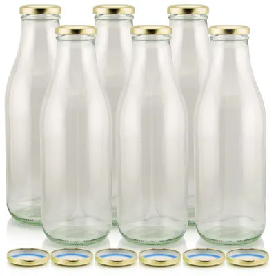 Milch Glasflaschen transparent im Set mit 6 Flaschen und Ersatzdeckeln gold