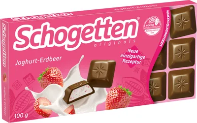 Produktbild von Schogetten Joghurt Erdbeer Alpenvollmilch Schokoladen Stücke 100g