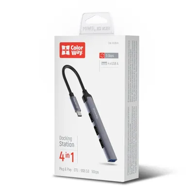 Produktbild von ColorWay USB-C Hub 4-in-1, 3x USB 2.0 und 1x USB 3.0 Anschlüsse, 5 Gbit/s, Aluminium-Dockingstation, Grau