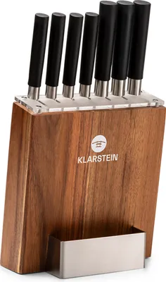 Produktbild von Klarstein Messerblock mit Messer, 7-Teiliges Messer-Set mit Block, 7 Küchenmesser & Holz-Messerblock, Scharfes Stahl-Messerset, Kratzfest, Japanisch Inspiriertes Messerset mit Block für Profiköche