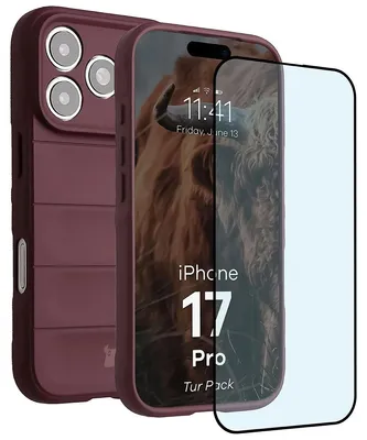 Produktbild von Robuste Handyhülle + gehärtetem Glas für iPhone 17 Pro, Bizon Tur Pack, Burgunderrot