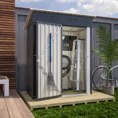Produktbild von GIHAUVIA Metall Gerätehaus anthrazit 140x72,4x182 cm (B x T x H) mit Einfacher Pulttüre (einzelner Scharnier)