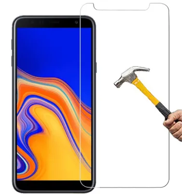 A smartphone screen protector is shown with a hammer about to strike it, demonstrating its durability.