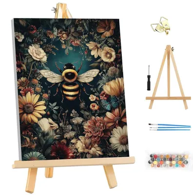 Immagine prodotto di Kit per dipingere per adulti, con cornice, soggetto: api e fiori, colori acrilici, dimensioni 25x35 cm