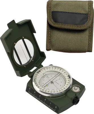 A green army compass and its carrying pouch are displayed against a white background.