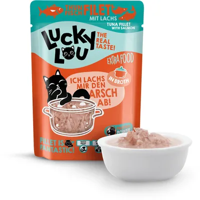 Produktbild von Lucky Lou Extrafood Thunfischfilet & Lachs in Sud  Katzenfutter Katzennassfutter Futterergänzung Sud