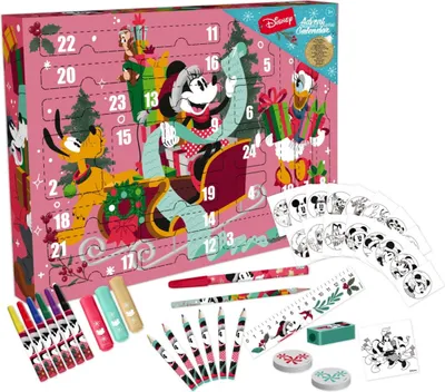 A Disney Minnie Mouse themed advent calendar with various stationery items.