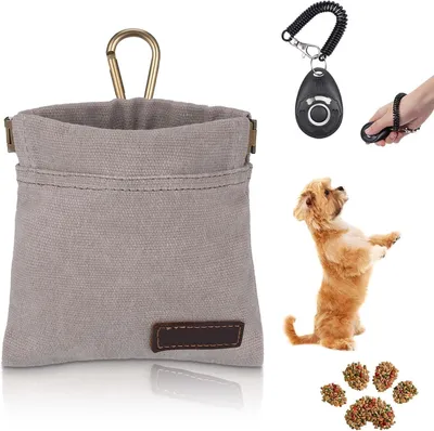 Produktbild von Leckerlitasche für Hunde,Klein Leckerlibeutel für Hunde mit Automatischem Verschluss,Einfache Einhandnutzung,Futterbeutel Hundetraining mit Clicker und Karabiner,Grau