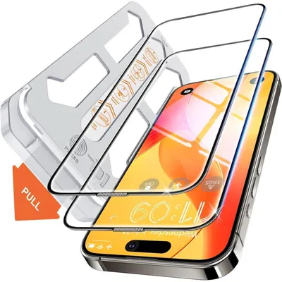 Immagine prodotto di Protezione per display in vetro temperato, compatibile con iPhone 15 Pro da 6,1 pollici, 2 pezzi, trasparente, durezza 9H+, senza bolle