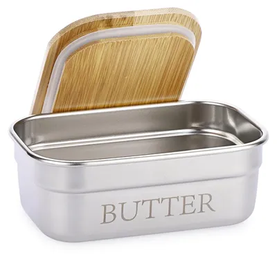 Butterdose aus Edelstahl mit Bambusdeckel, 15x9,7x6 cm, Silber