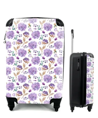Produktbild von MuchoWow® Koffer Handgepäck Trolley Rollkoffer Kleine Reisekoffer mit 4 Rollen - Blumen - Lila - Rosen - Cabin Size < 55x40x23 cm & 55x40x20 cm - Fotokoffer - Kabinenkoffer - Boardgepäck - Reise-Box - Reisekoffer - Reisegepäck - Koffer mit Bild - Trolley für Kinder
