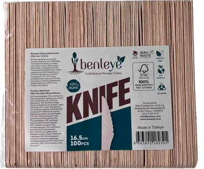 A package of wooden disposable knives with branding and product information.
