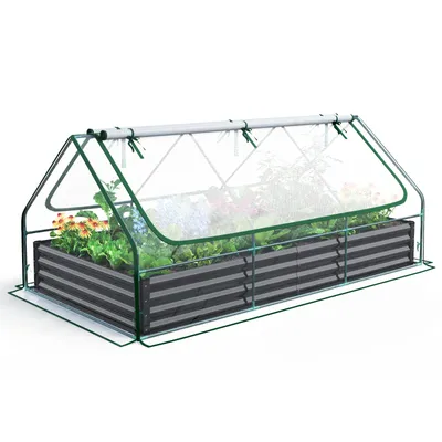 Produktbild von Quictent Hochbeet mit Abdeckung, Pflanzkasten-Set für den Außenbereich,Gewächshaus mit 2 große Fenster mit Reißverschluss, 240x120x30cm, Transparent