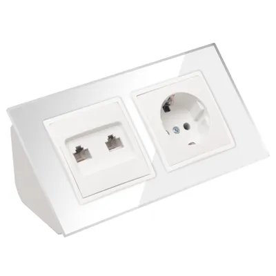 Produktbild von Glas Ecksteckdose Steckdose 2xRJ45 Steckdosenblock 45° Verteilerdose weiß.