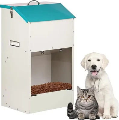 Immagine prodotto di Distributore automatico per cibo per cani - Capacità: 22 kg, con coperchio. Design resistente ai roditori, adatto per l'uso esterno. Dimensioni: 70x30x40 cm