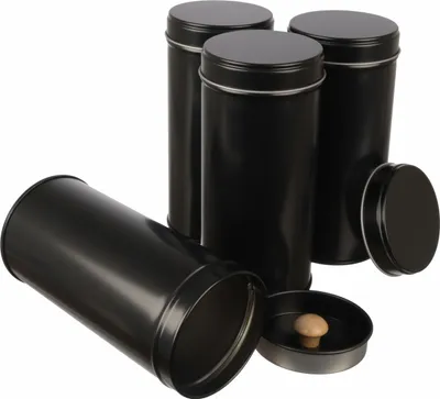 Produktbild von Dosenritter | 4 x schmale Teedose / Vorratsdose mit Aromaschutzdeckel, stapelbar aus Metall für je 100g Tee | 14 x 6,6cm (H,ø) | Gewürzdose