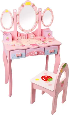 Produktbild von Famanu Kinderkaptafel mit Stuhl, abnehmbarem Spiegel, 2 Aufbewahrungsboxen und 3 Schubladen, rosa