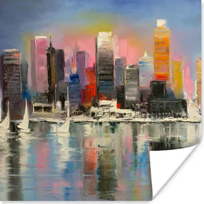 Produktbild von MuchoWow® Poster Gemälde - Öl - Skyline - Wasser 75x75 cm - Wand Dekoration