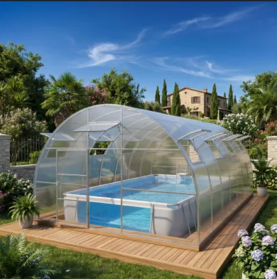 Produktbild von Poolabdeckung von Garten Dream. 5x10m mit 6mm polycarbonate Ganzjährige Nutzung. Schnee- und winddicht. Türen auf jeder Seite. Rostschutz.