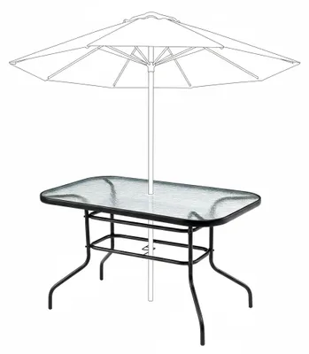 Zdjęcie produktu dla Duży szklany stół ogrodowy na taras balkon 120x70 transparentny otwór na parasol, Obraz wygenerowany przez AI