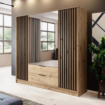 Obrázok produktu pre Šatníková skriňa Stilo dub Artisan so zrkadlom a lištami - 206 cm, 4 dvere, 2 zásuvky, XXL