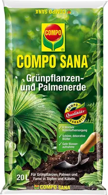 A bag of COMPO SANA® potting soil for houseplants and palm trees, with images of plants and a trowel.
