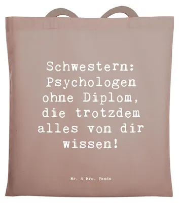Produktbild von Mr. & Mrs. Panda Tote Bag Spruch Schwestern Psychologen - Braun Pastell - Geschenk, totebag, Bindung, Laptoptasche, Familie, Geschwisterliebe, Tasche, Shopping, Lächeln