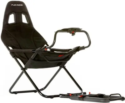 A black Playseat Challenge racing chair is shown against a white background.