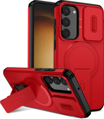 Obrázek produktu pro Magnetické pouzdro pro Samsung Galaxy S23+, dvouvrstvé odolné pouzdro s posuvnou ochranou fotoaparátu a nastavitelným stojánkem Červená
