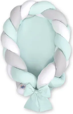 Image de Cocon tressé pour bébé 2 en 1 blanc-gris-vert menthe