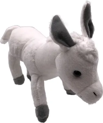 A white plush toy donkey is shown against a white background.