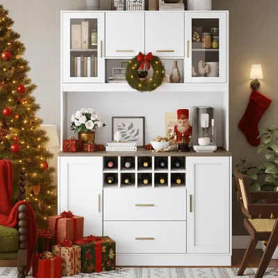 Produktbild von Seitenschrank 120x36,3x180 cm, Aufbewahrungsschrank mit LED-Beleuchtung & Steckdose, sechs Türen, zwei große Schubladen, als Anrichte für Küche oder Wohnzimmer, Schwarz/Weiß