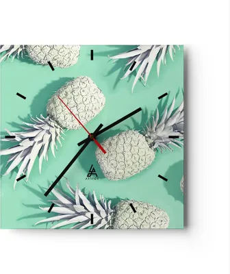 Produktbild von Wanduhr - Quadrat - Glasuhr - Ananas Obst Saft - 40x40cm - Schleichendes Uhrwerk - Lautlos - zum Aufhängen bereit - Dekoration Modern - Wanddekoration aus Glas - C3AC40x40-4040