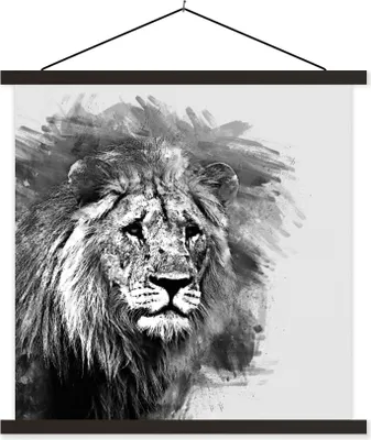 Produktbild von MuchoWow® Textilposter Löwe - Schwarz - Weiß 90x90 cm mit schwarzem Rahmen - Magnetisches