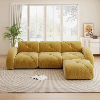 Zdjęcie produktu dla Modułowa sofa w kształcie litery L, żółta, trzysobowa, wykonana z tkaniny chenille, nie wymaga montażu. Bezramowa konstrukcja z podnóżkiem i antypoślizgową podstawą, wymiary: 281x171x76 cm