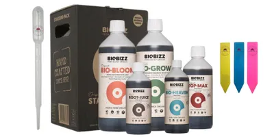 Produktbild von BioBizz Dünger Set – 5-teiliges Indoor Try Pack – inkl. Pipette & 3 Pflanzenschilder