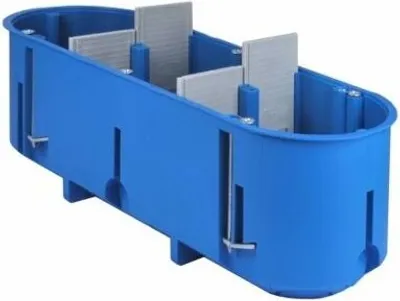 A blue electrical junction box with internal dividers.