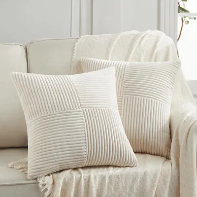 Produktbild von Homi Dekorative Kissenbezüge in Boho-Creme, 45 x 45 cm, für Wohnzimmer, Sofa, Bett, Bank, rustikalen Landhausstil, Wohnraumgestaltung, aus weichem Cord