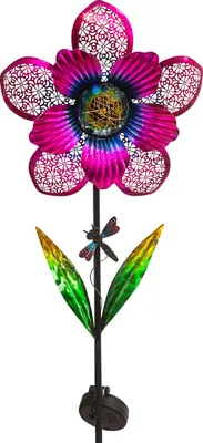 Produktbild von Dehner Solar-Stab Flower, Gartenstecker, Lichtfarbe warmweiß, Ø 29 cm, Höhe 110 cm, Metall, pink / grün