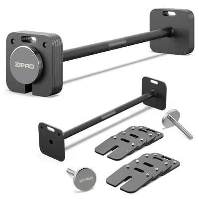 Two views of a black adjustable barbell set with square weight plates and accessories on a white background.