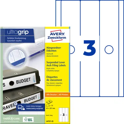 Produktbild von Avery Zweckform L4757-25, Hängeordner-Etiketten, A4, Qualitätsdruck mit: ultragrip, 63 x 297 mm, 75 Etiketten / 25 Bögen, weiß