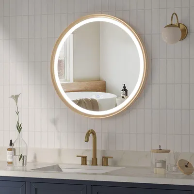 Produktbild von AQUABATOS Wandspiegel Dekorspiegel runder Badezimmerspiegel Ø 60 cm LED Badspiegel mit 6400K & 3000K Beleuchtung Gebürstet-goldener Aluminiumrahmen Antibeschlag