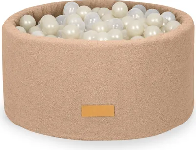 Produktbild von Flumi Bällebad Baby - Bällepool Kinder 90x40cm mit 200 Bällebad Bälle ∅ 7cm in EU hergestellt - dunkelbeige + Bälle weiß und hellgold