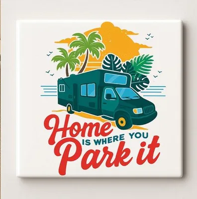 Produktbild von Home Is Where You Park It Camper Art Fliese – 15x15cm Keramik-Wanddeko, Van Life Reisen Heimdeko