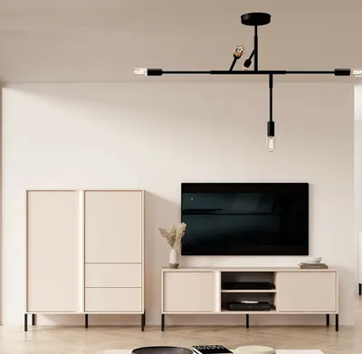 A modern living room with a TV, entertainment center, and a tall cabinet.