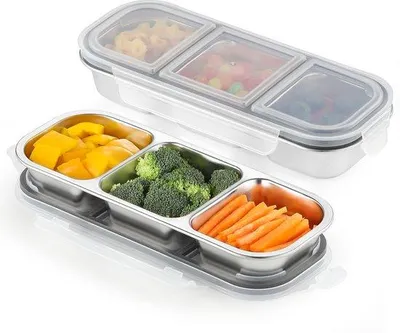Obrázok produktu pre Kovová krabička na desiatu s 3 priehradkami, z nehrdzavejúcej ocele, balenie po 2 ks, bento krabička s priehradkami pre školu a kanceláriu