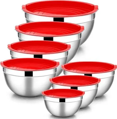 Image de Bol de mélange en acier inoxydable Set de 7 pièces avec bol empilable et couvercle hermétique - Rouge, lavable au lave-vaisselle - 65/45/3/25/15/12/07 l